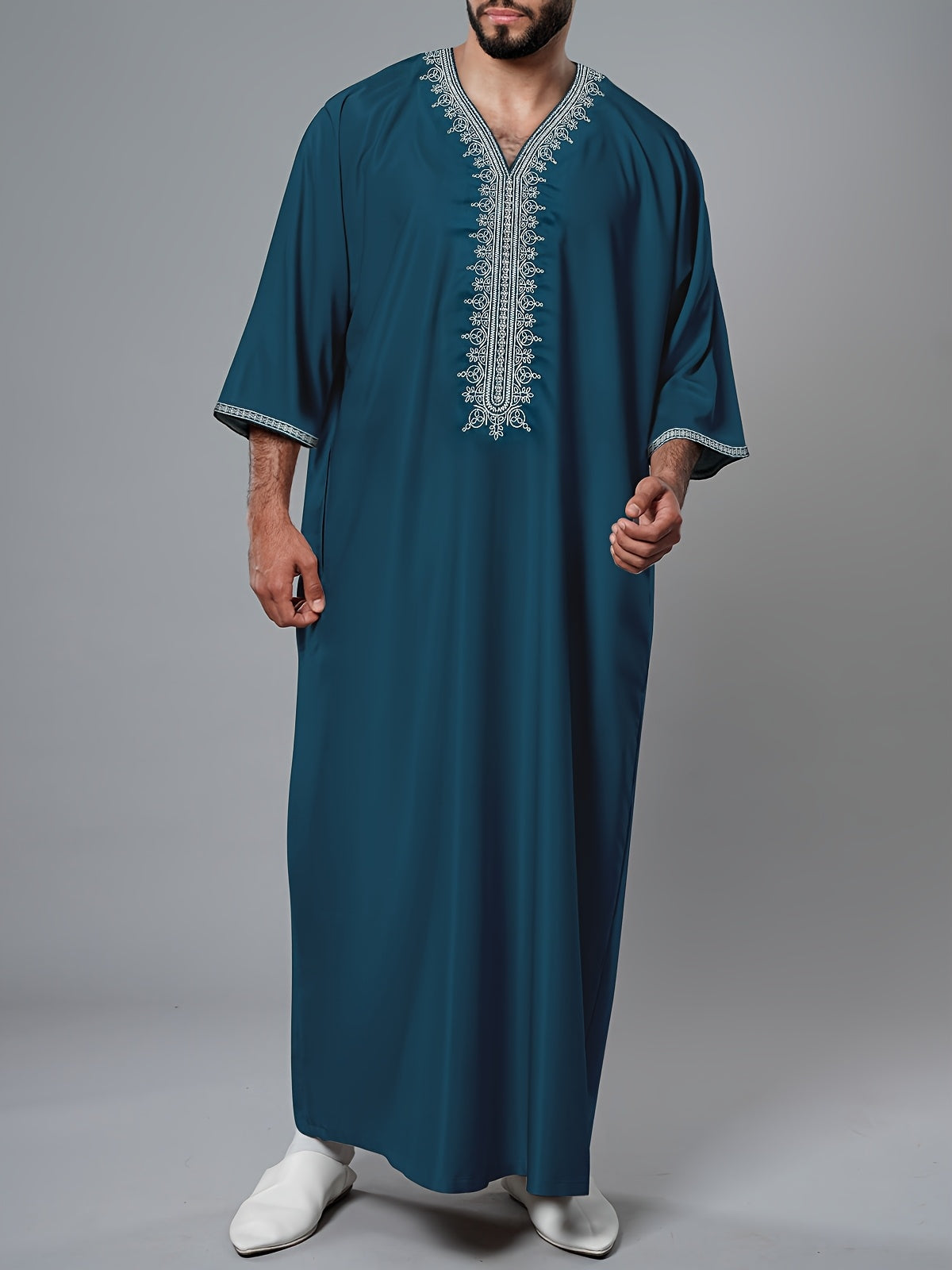Heren Kaftan - Geweven Stof - Beige - Gouden Borduursel