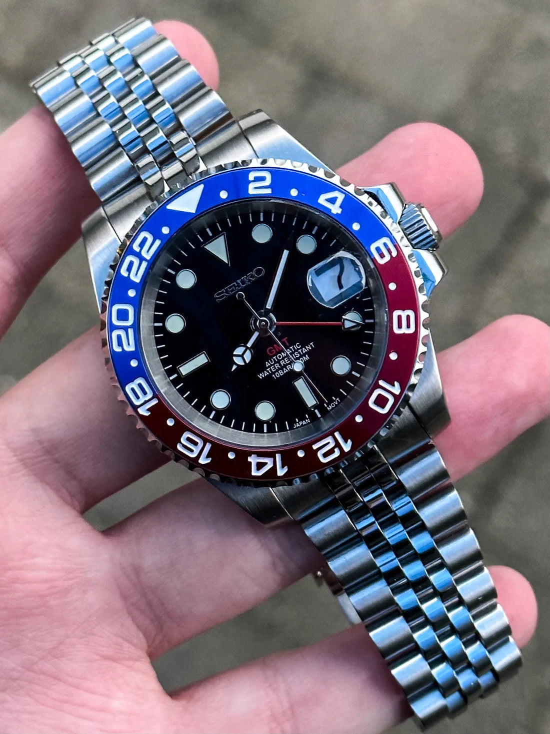 Seiko Mod - Pepsi GMT – 40mm – Porseleinen Dial – 904L Stainless Steel