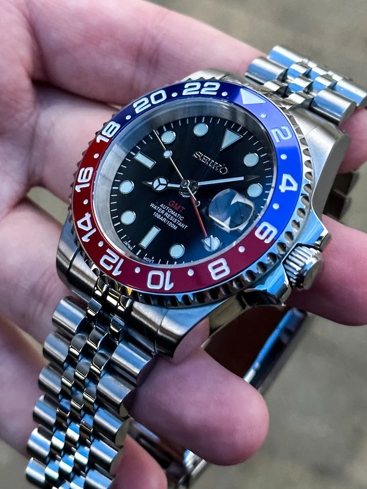Seiko Mod - Pepsi GMT – 40mm – Porseleinen Dial – 904L Stainless Steel