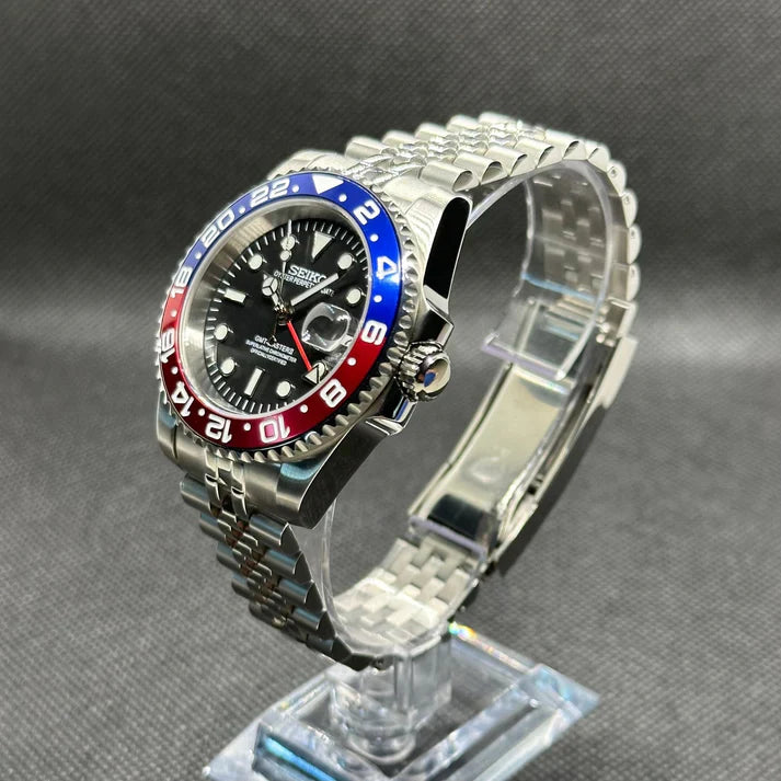 Seiko Mod - Pepsi GMT – 40mm – Porseleinen Dial – 904L Stainless Steel