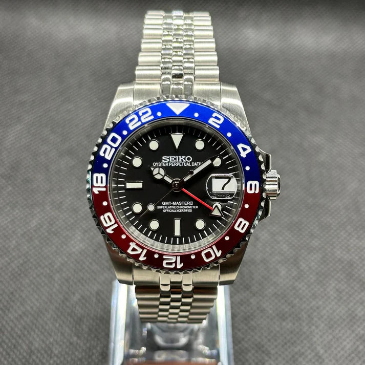 Seiko Mod - Pepsi GMT – 40mm – Porseleinen Dial – 904L Stainless Steel