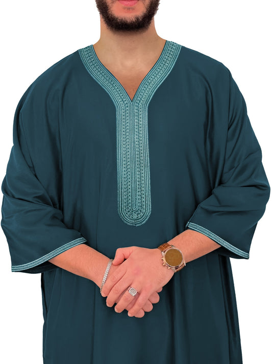Heren Kandora - Lichtgewicht Stof - Blauw/Groen - Subtiel Borduursel
