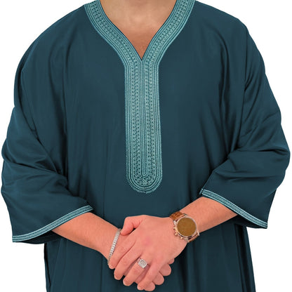 Heren Kandora - Lichtgewicht Stof - Blauw/Groen - Subtiel Borduursel